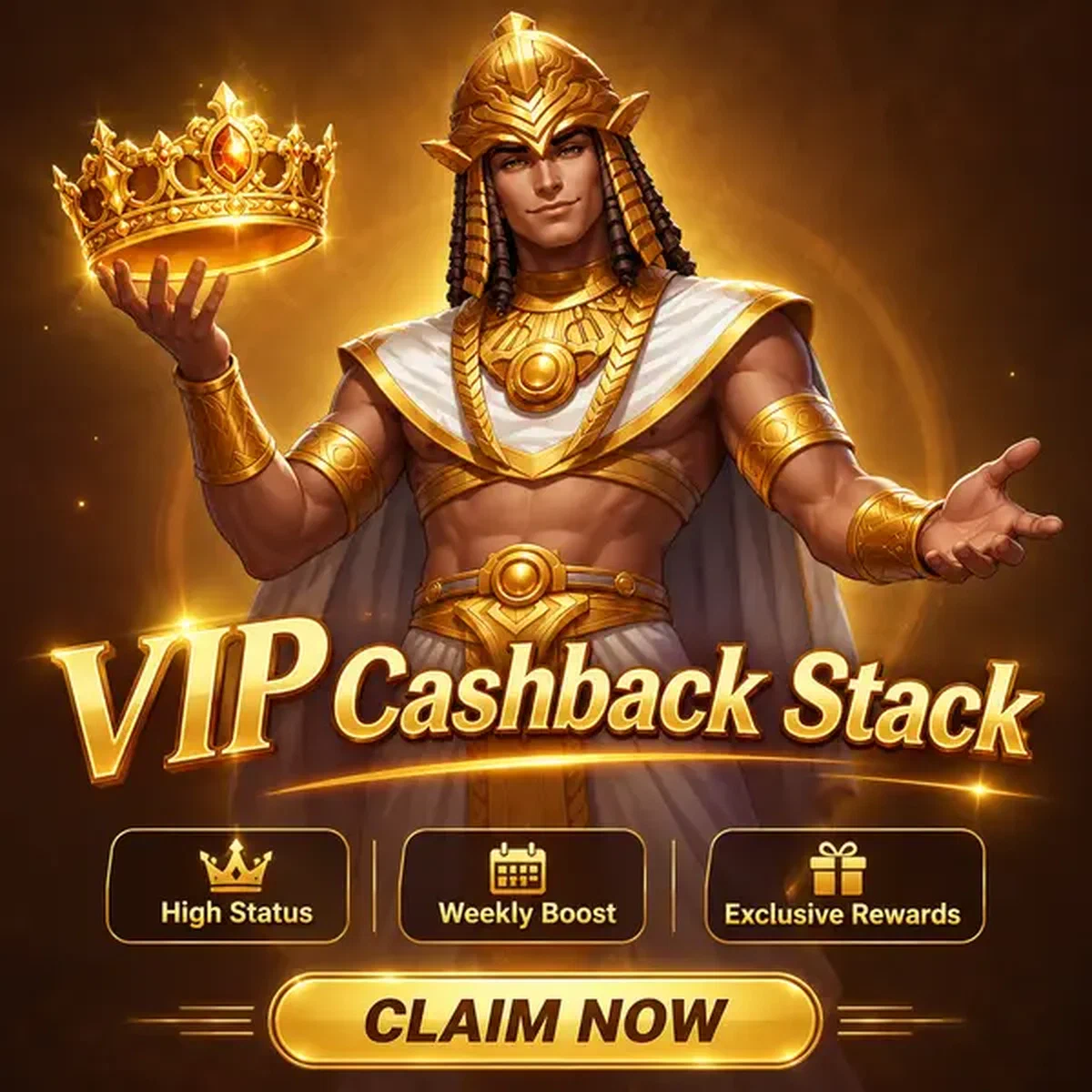 Majestatyczna postać VIP Cashback Stack trzymająca złotą koronę reprezentującą nagrody bonusowe 18% Platinum Advantage