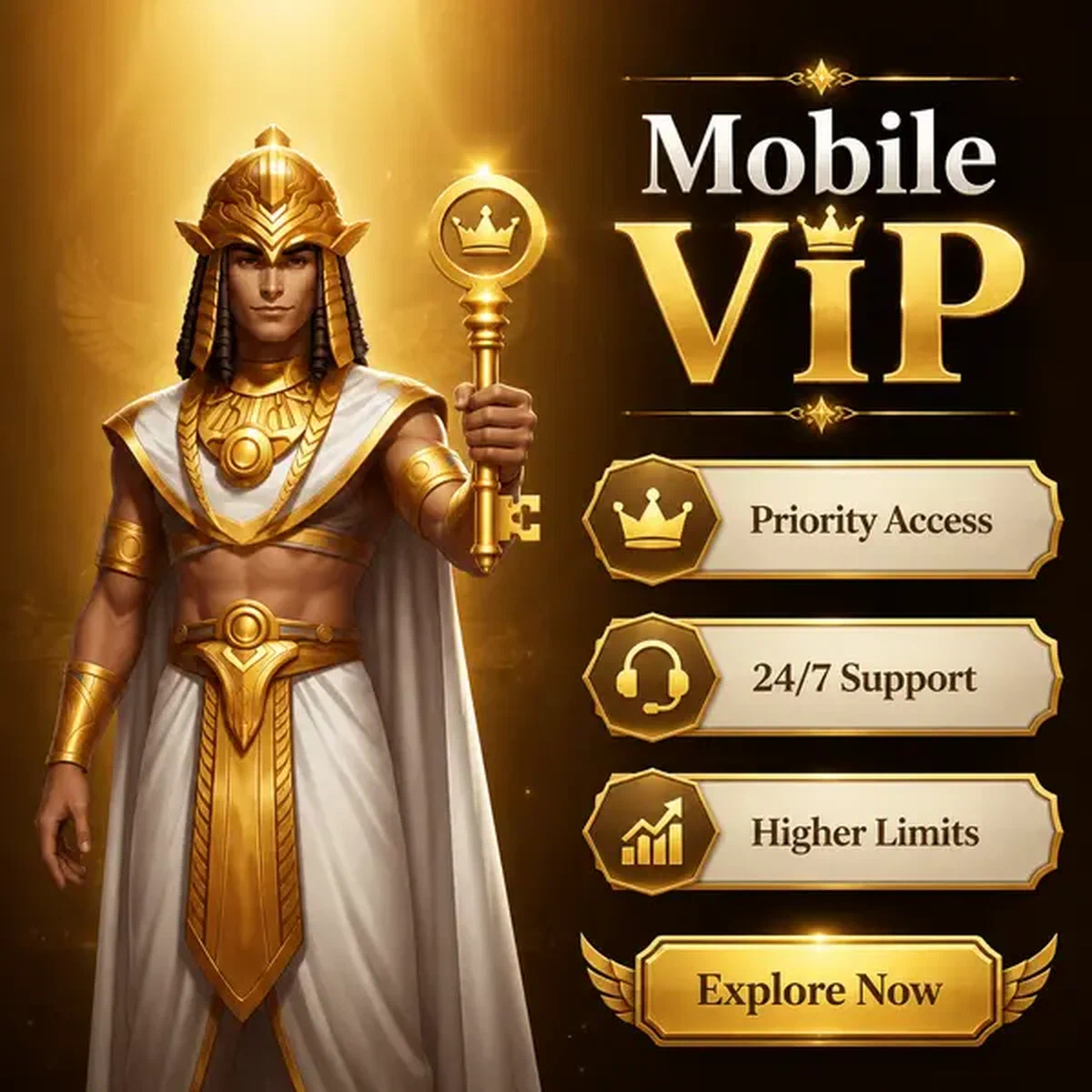 Królewska postać VIP prezentująca złoty klucz do Mobile VIP Experience i pobierania aplikacji Priority Access
